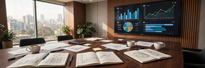 Boardroom meeting reviewing business charts and reports