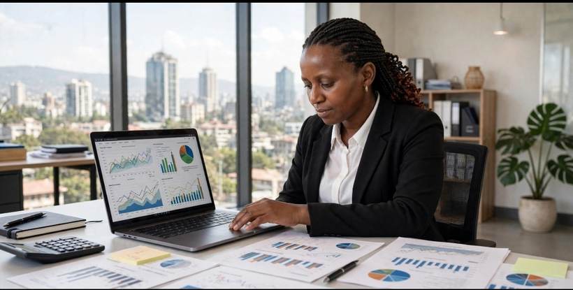 Consultant reviewing financial reports on a laptop
