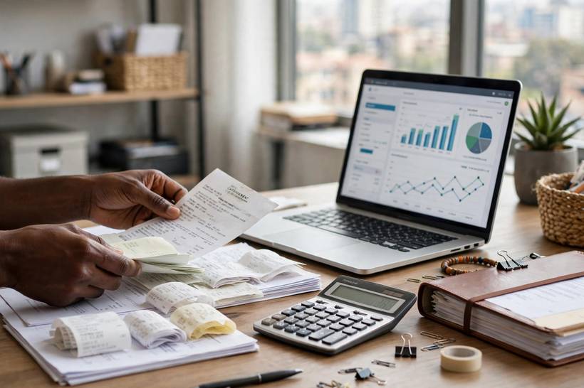 Sorting receipts alongside a laptop showing financial charts